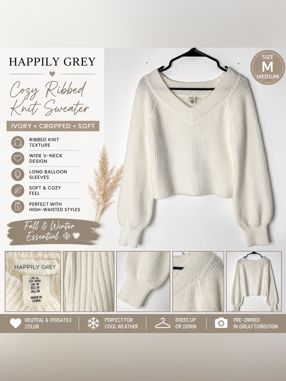 Cream Ribbed V-Neck Cropped Sweater MD
